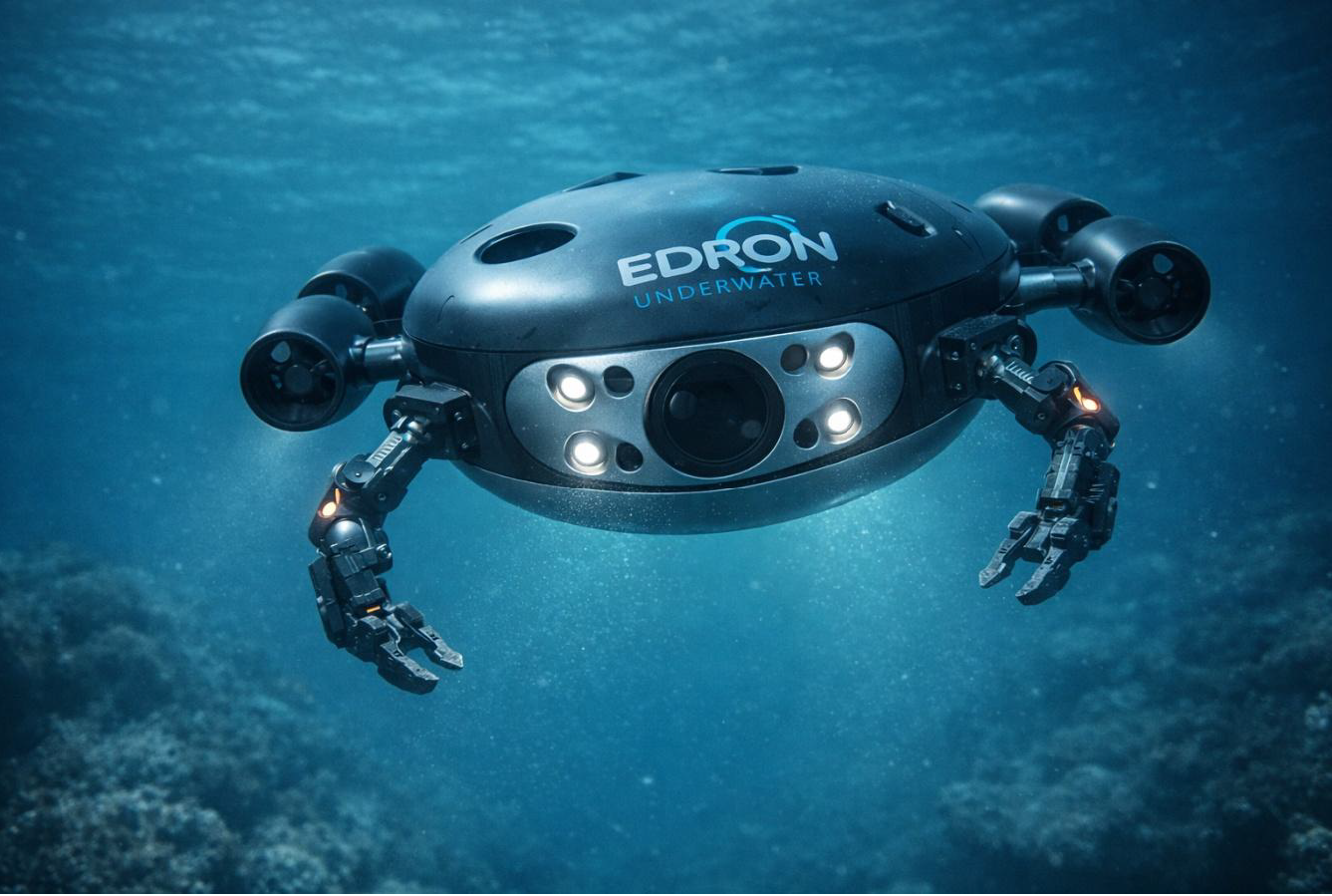 Drone subacqueo EDRON immerso in acque profonde con illuminazione tecnica